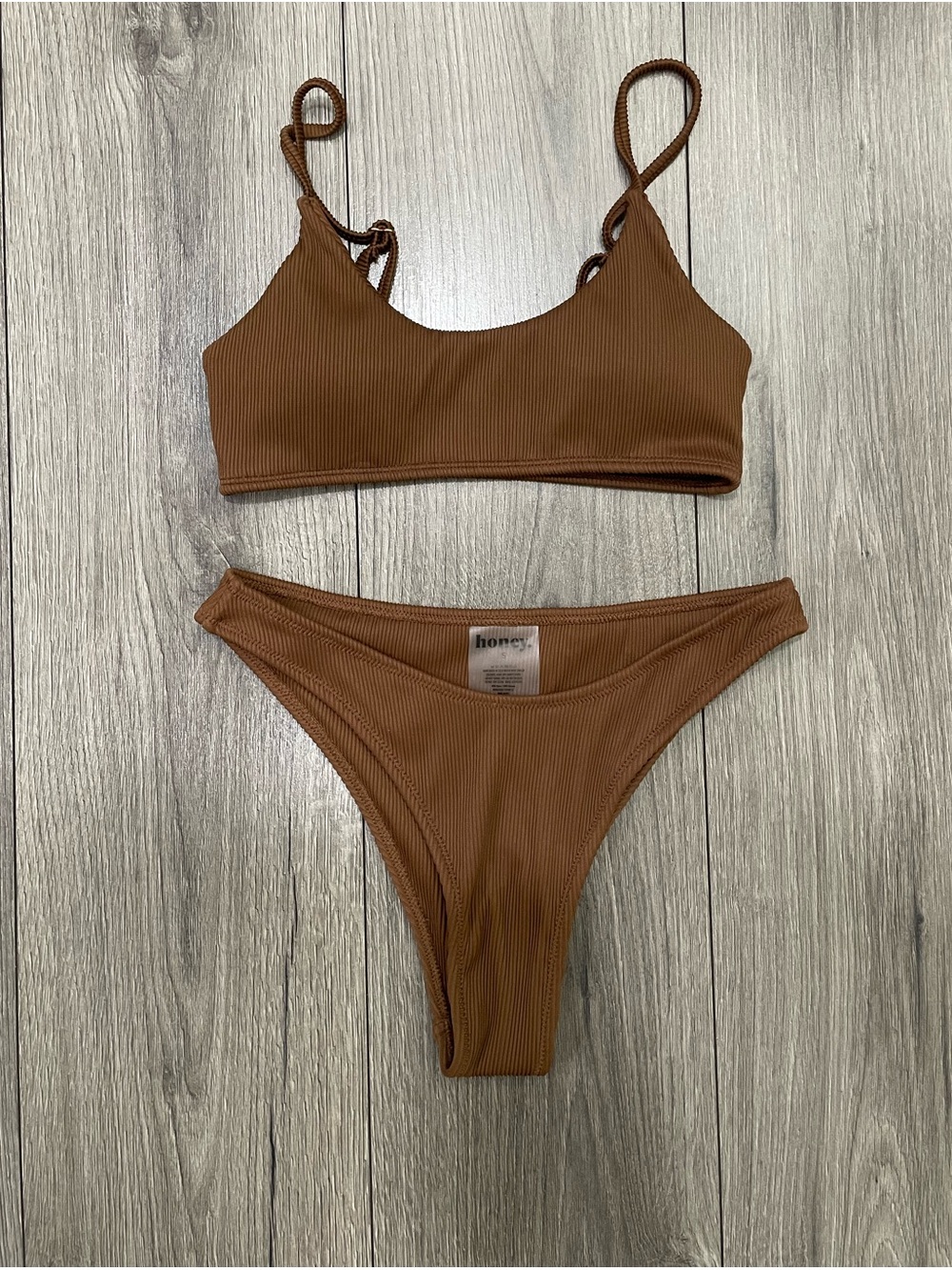 NWOT HONEY SWIMWEAR Ribbed Bikini in Cocoa Size Small - Picture 1 of 3